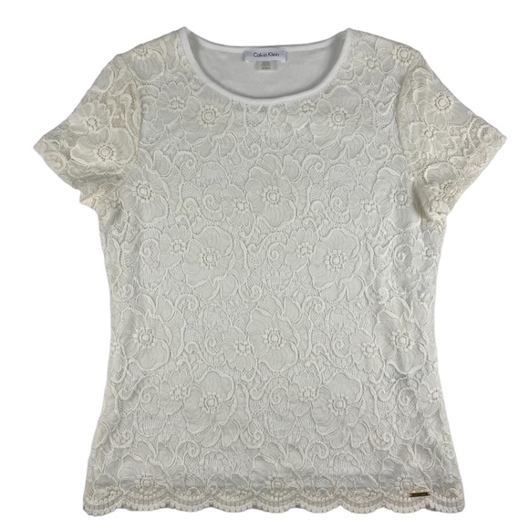 Calvin Klein Women’s Cream Lace Overlay Top Size M - Picture 2 of 10